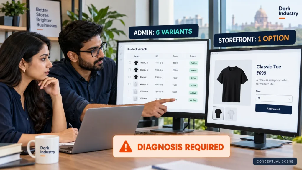 Conceptual team comparing six Shopify variants in admin with one option on the storefront