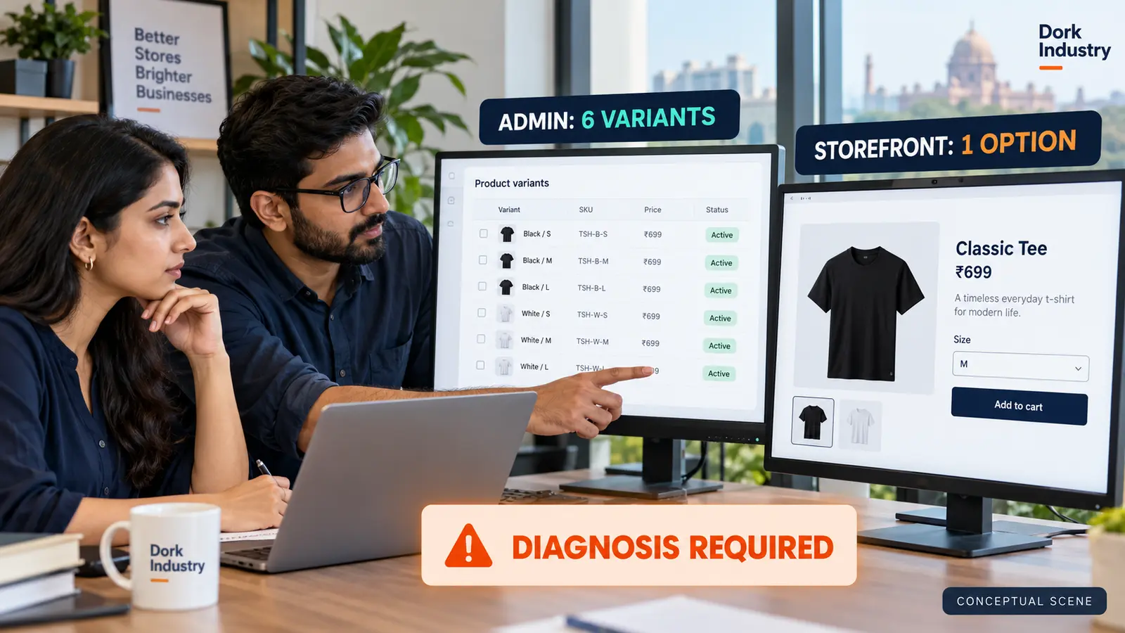 Conceptual team comparing six Shopify variants in admin with one option on the storefront