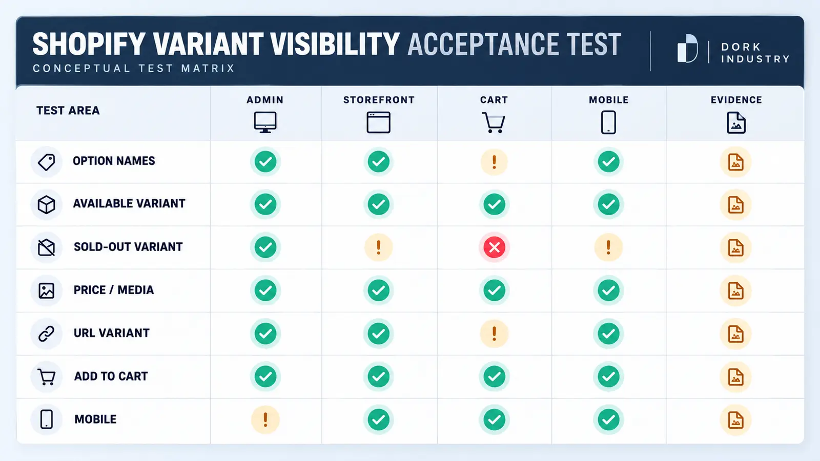 Conceptual Shopify variant visibility acceptance test for admin, storefront, cart and mobile