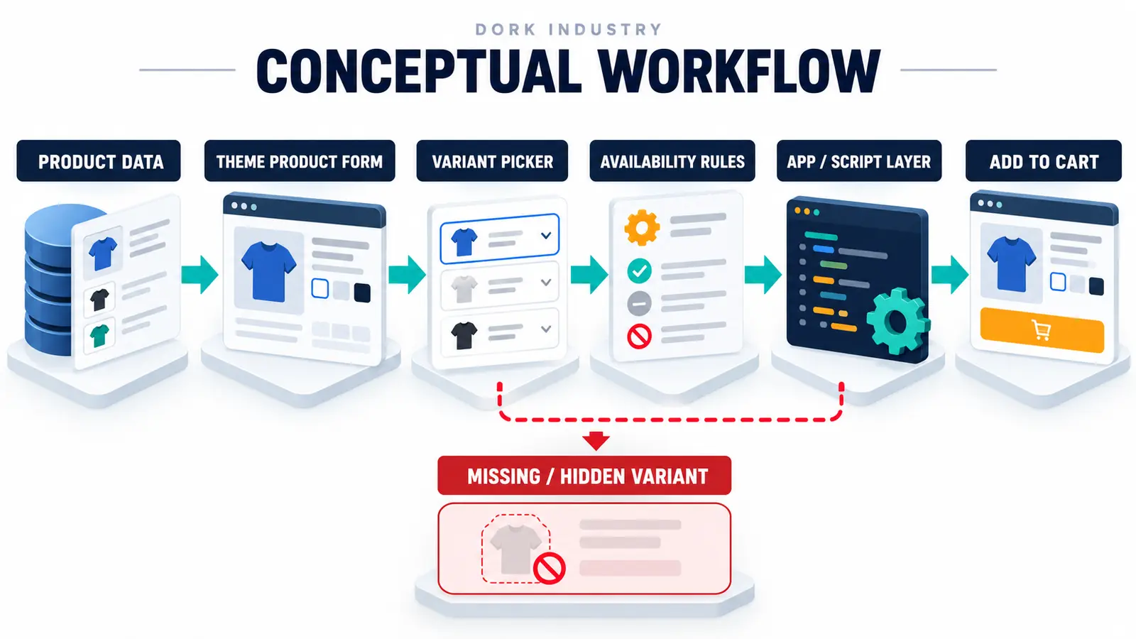 Conceptual workflow tracing Shopify variant data through the theme, picker, availability rules and cart