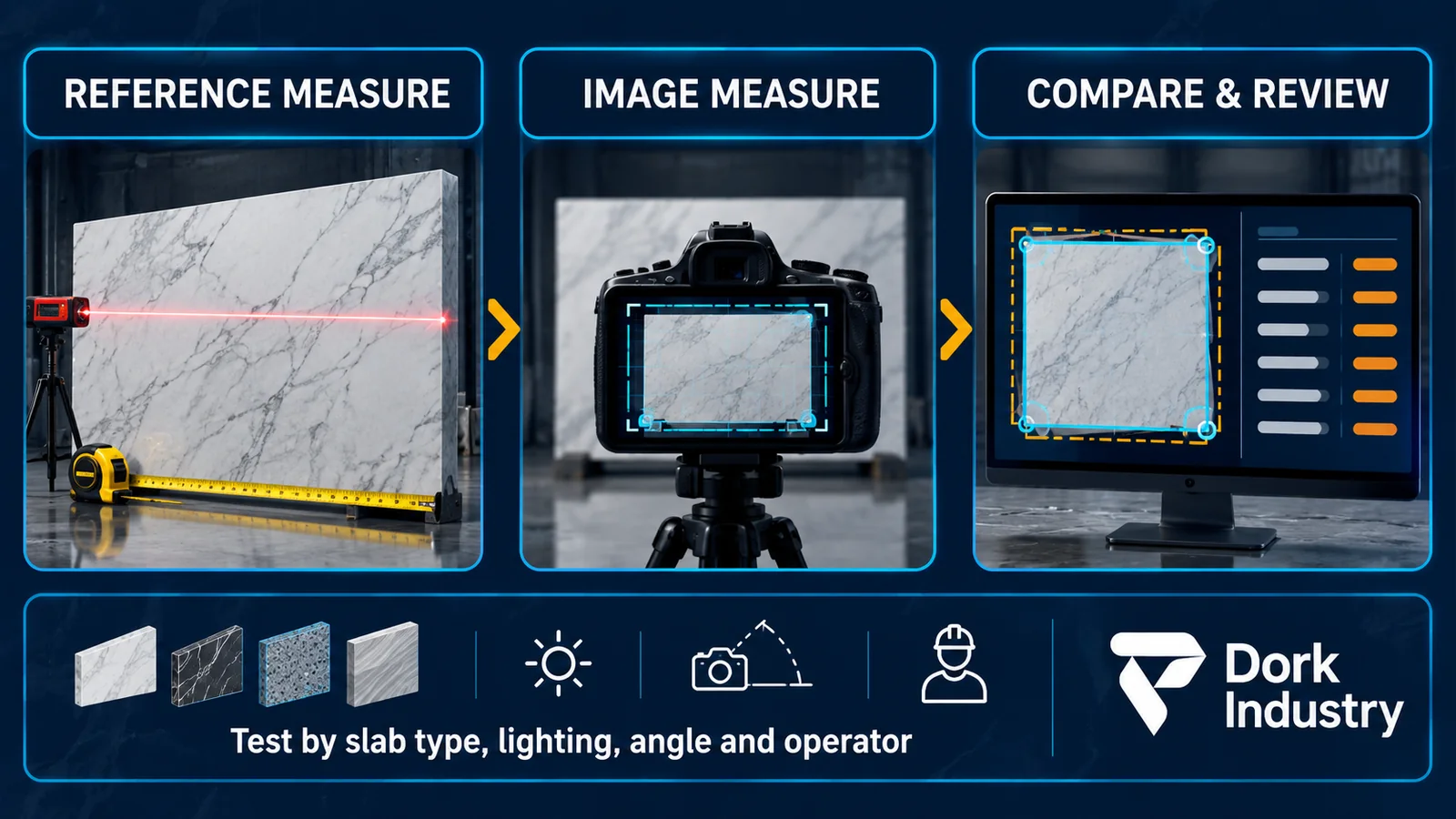 Accuracy validation for marble slab measurement software comparing reference and image measurements across slab conditions