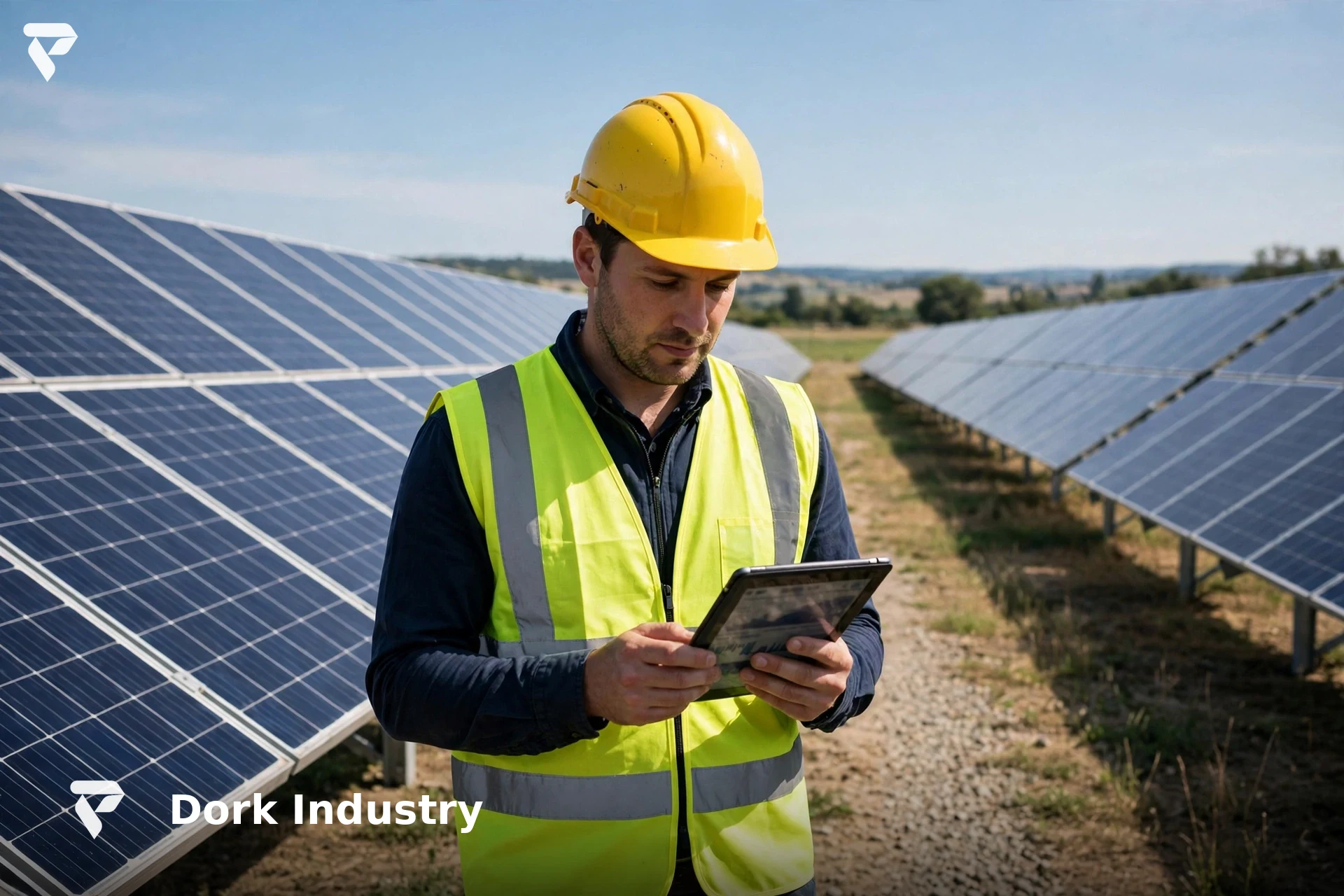 Solar plant owner reviewing AI development monitoring dashboard for inverter performance on a tablet