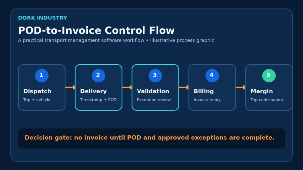 Illustrative five-step POD-to-invoice workflow for transport management software