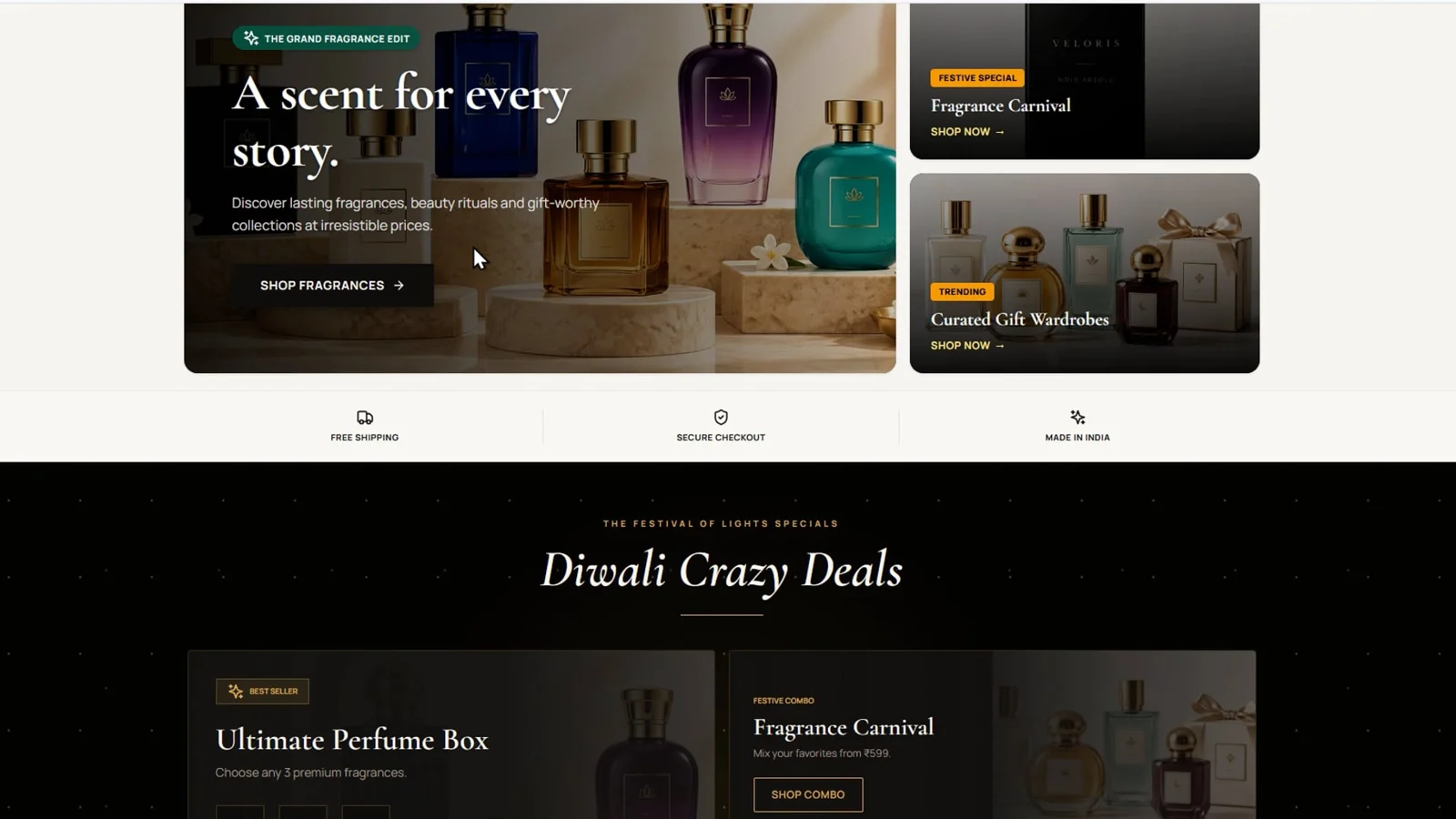 Velora perfume storefront video thumbnail showing fragrance collections and seasonal promotions