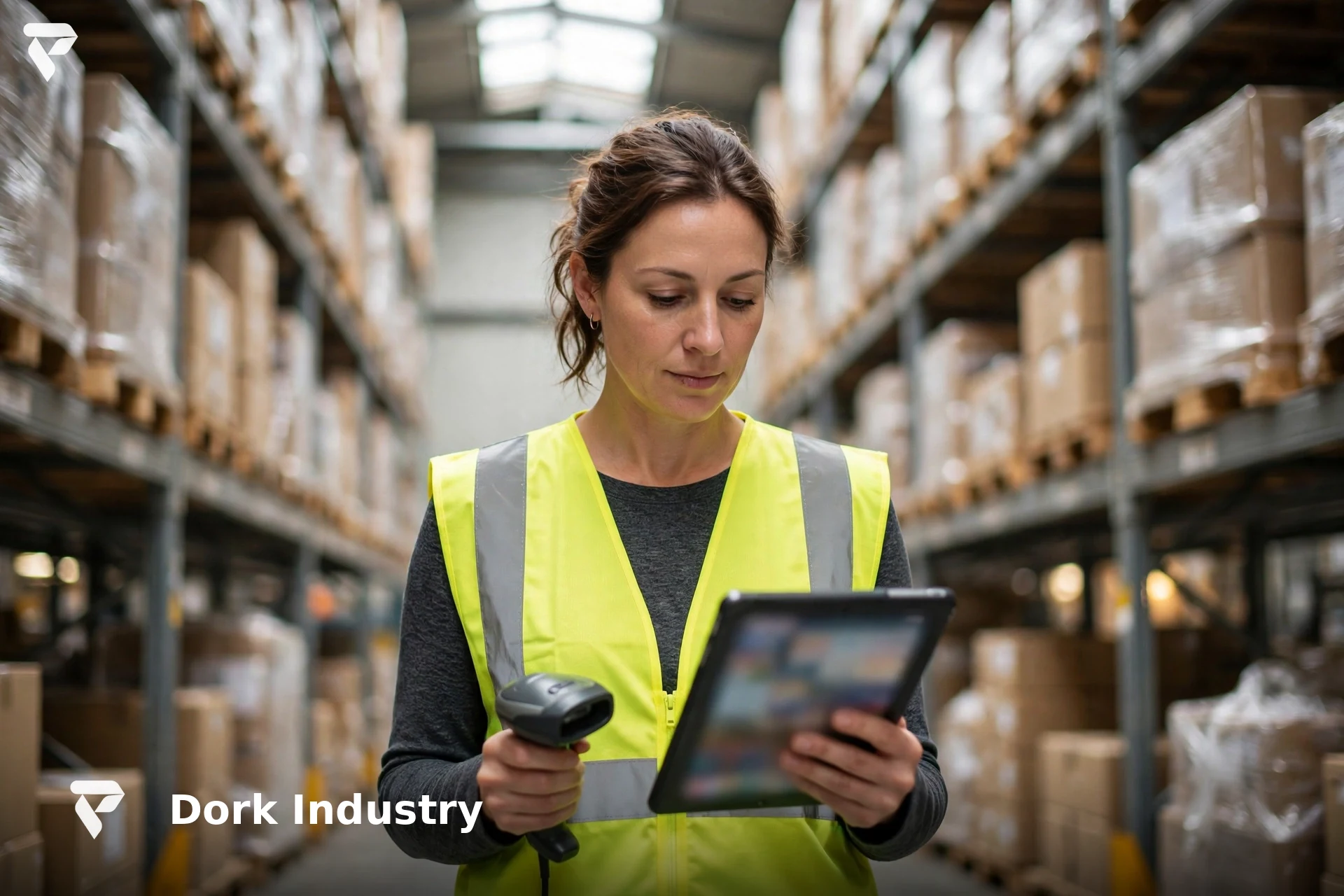 Warehouse manager using a tablet and barcode scanner for AI automation inventory checks