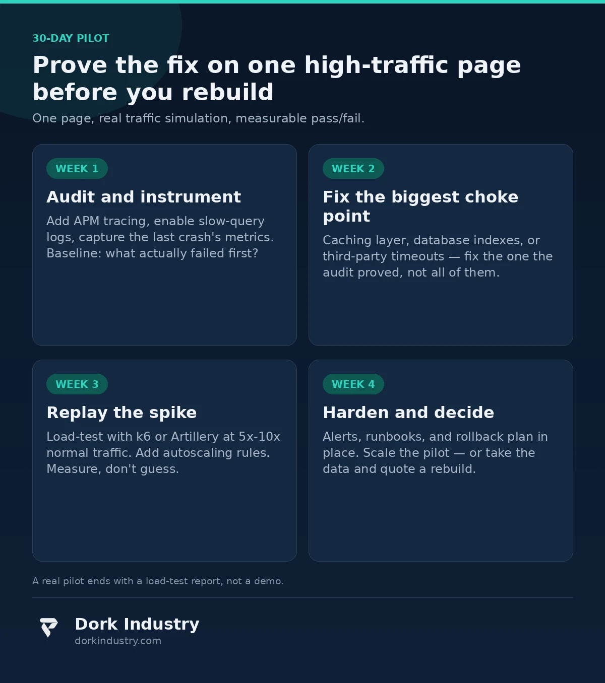 Infographic: the week-by-week 30-day pilot to prove a website traffic spike fix