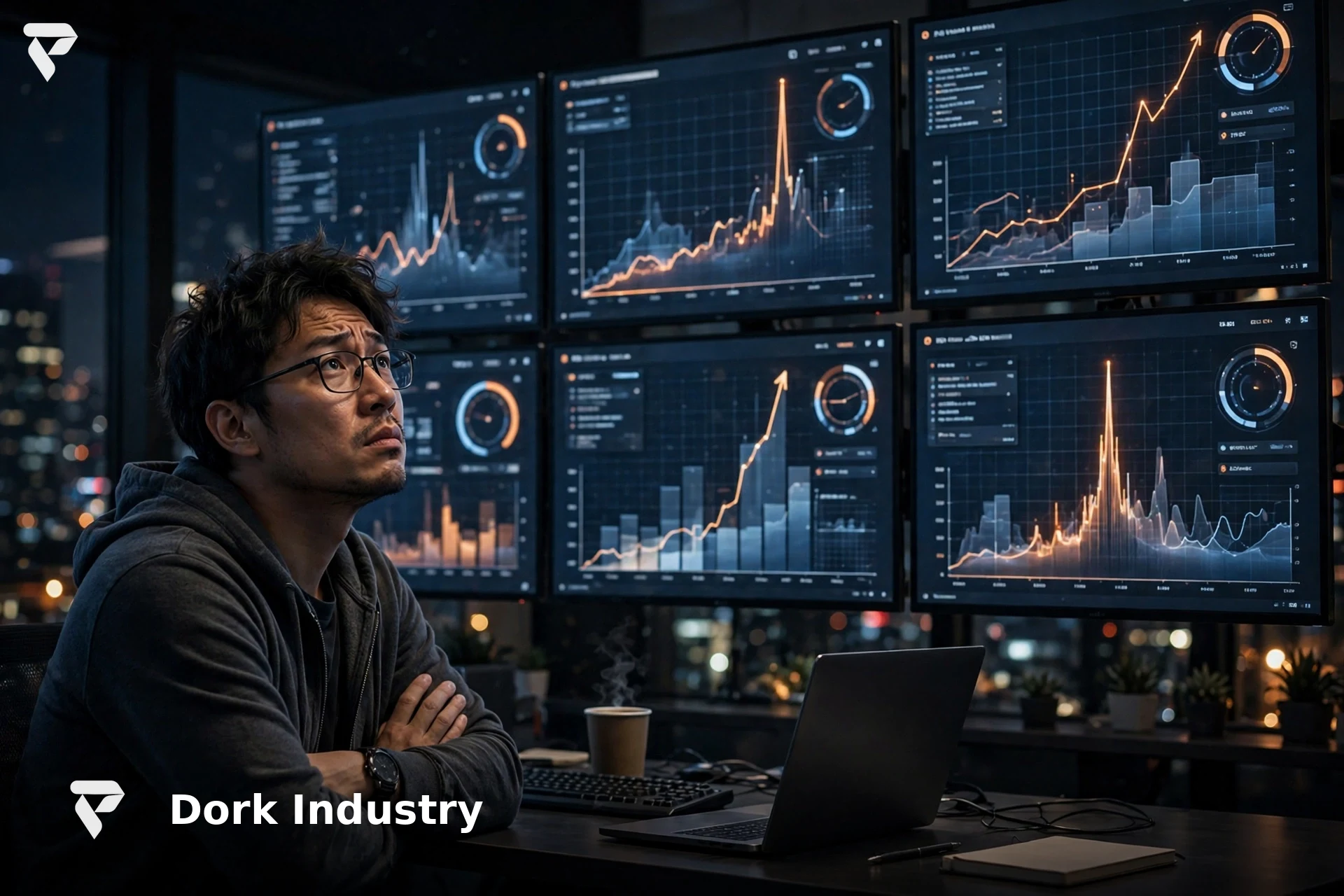 Web development: a developer studying website traffic monitoring dashboards during a spike