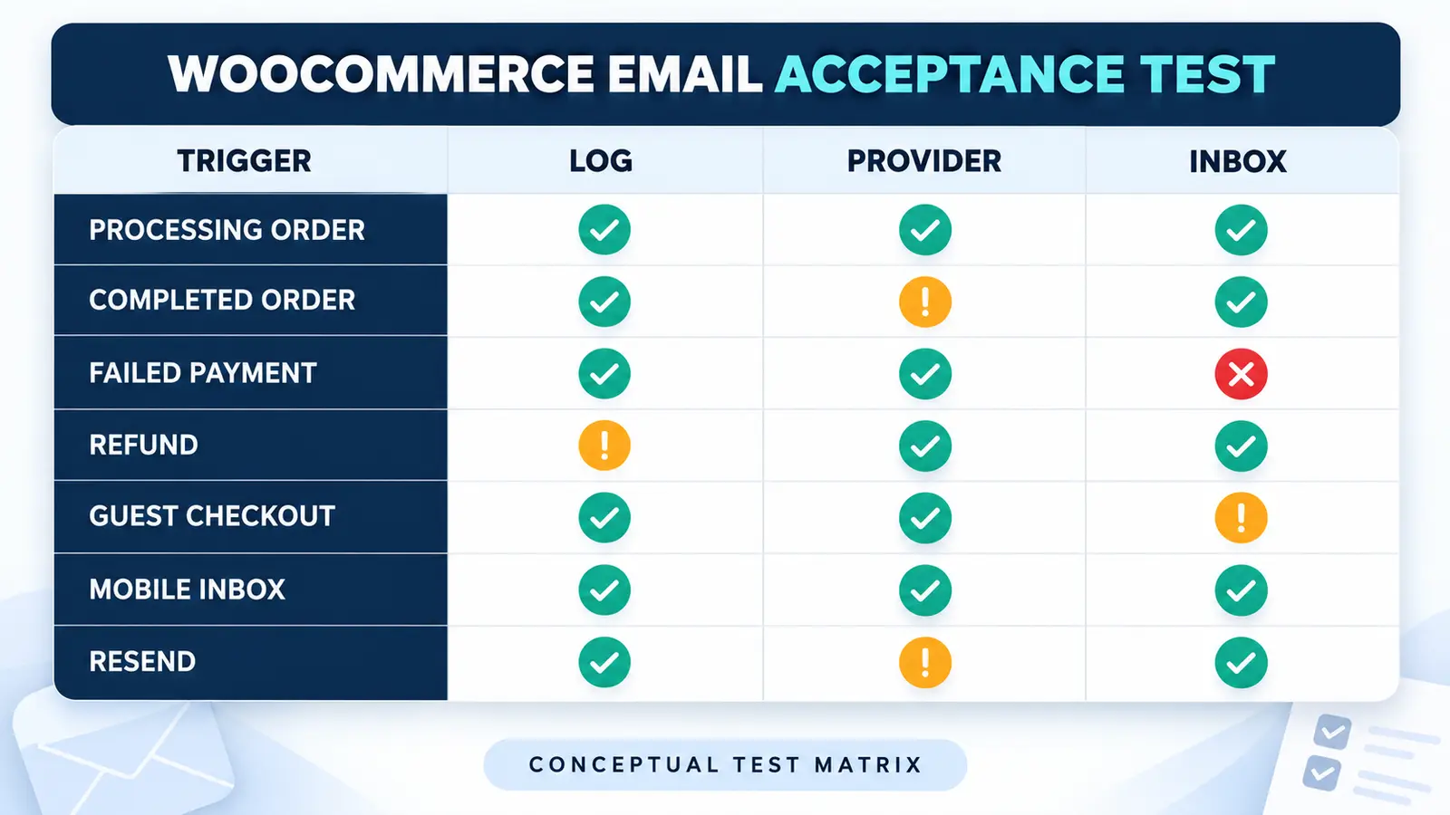 Conceptual WooCommerce order email acceptance test covering trigger, log, provider and inbox evidence