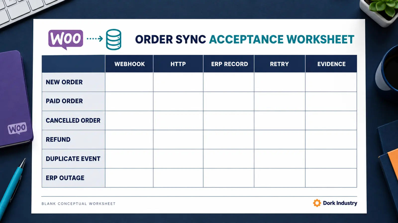 Blank WooCommerce to ERP order-sync acceptance worksheet