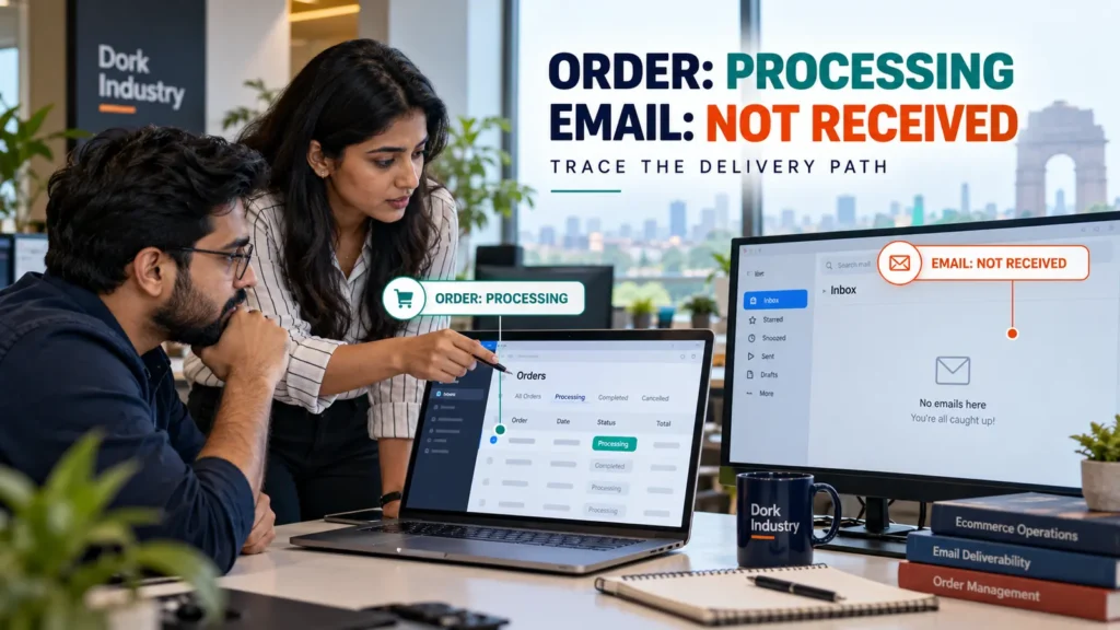 Conceptual ecommerce team tracing a processing WooCommerce order whose customer email was not received