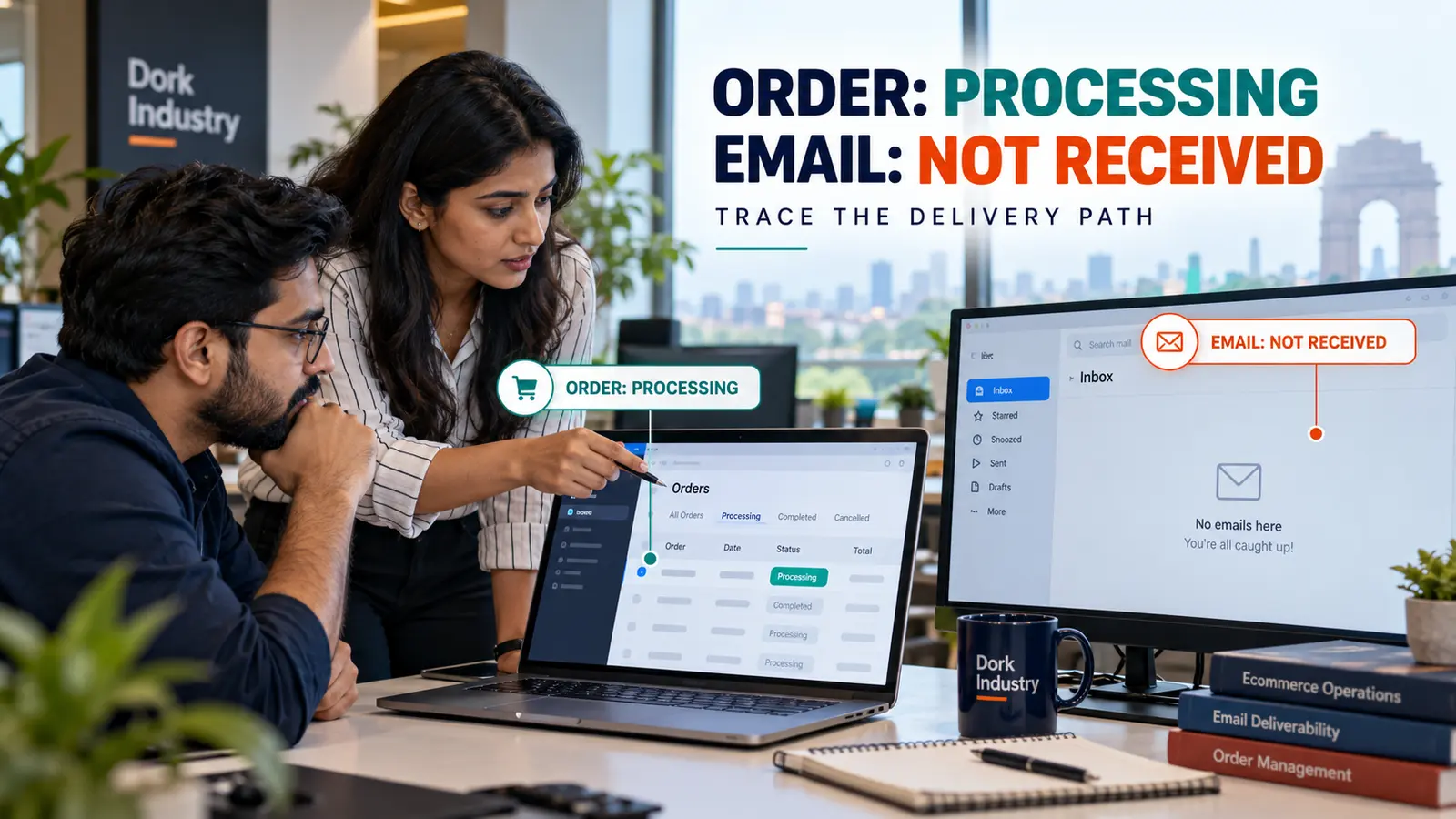 Conceptual ecommerce team tracing a processing WooCommerce order whose customer email was not received