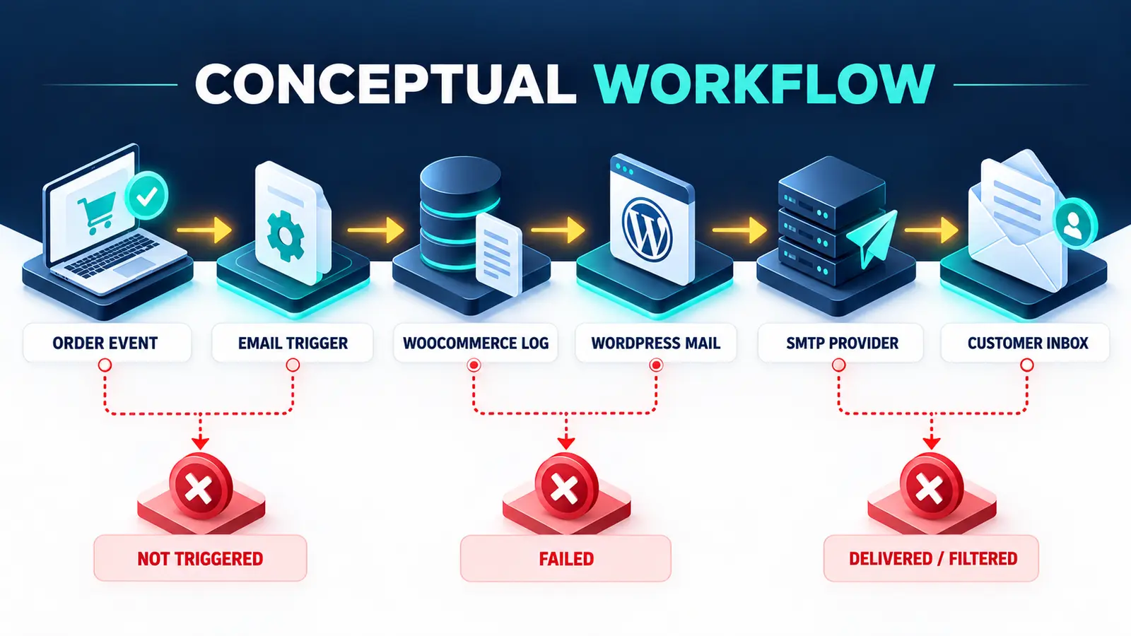 Conceptual WooCommerce transactional email path from order event through logs, WordPress mail, SMTP and customer inbox