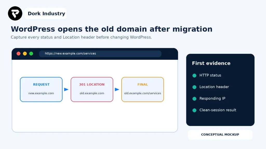 Conceptual browser showing WordPress redirecting from a new domain to an old domain after migration